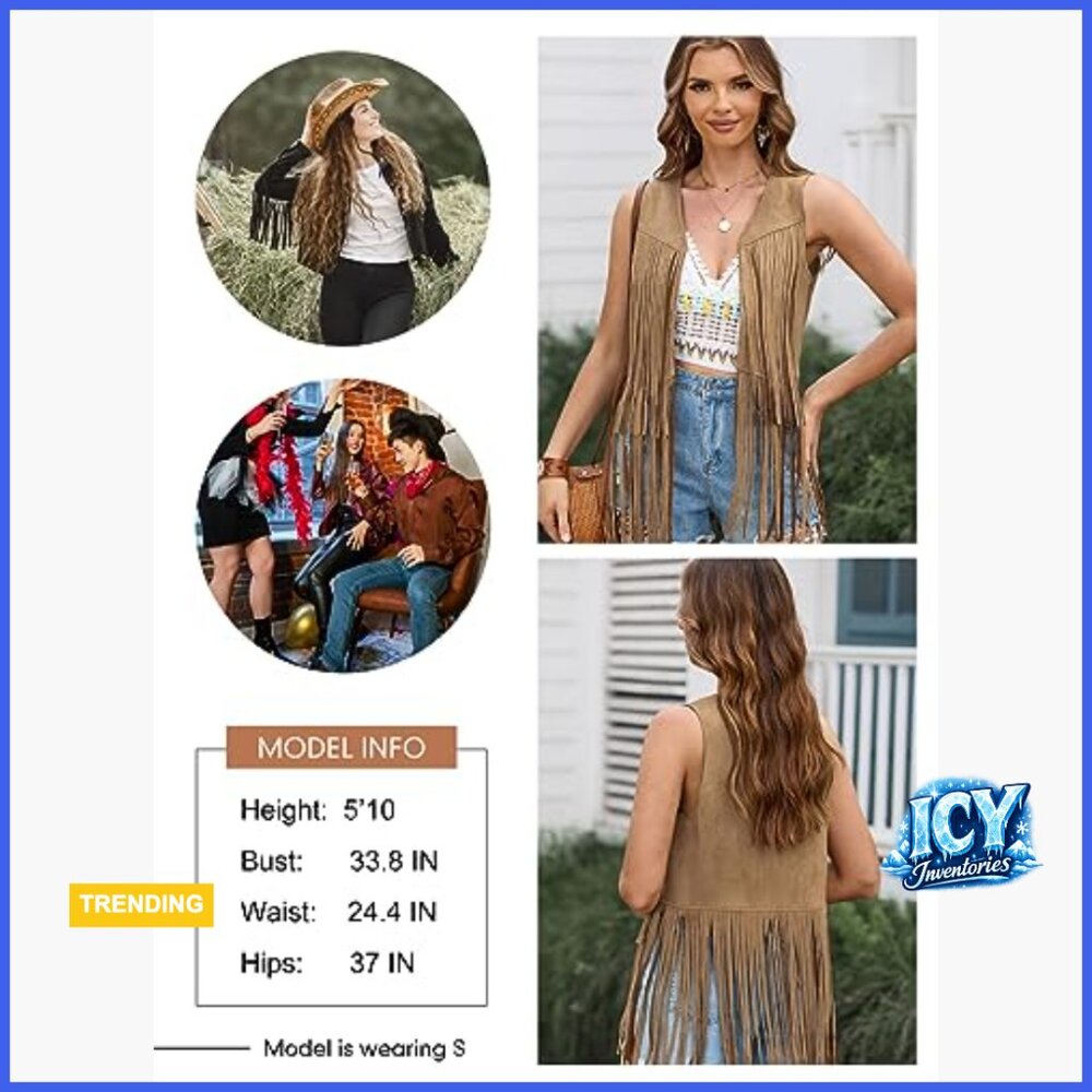 Faux Suede Fringe Vest Western Cowgirl Outerwear Sleeveless - Picture 5 of 7